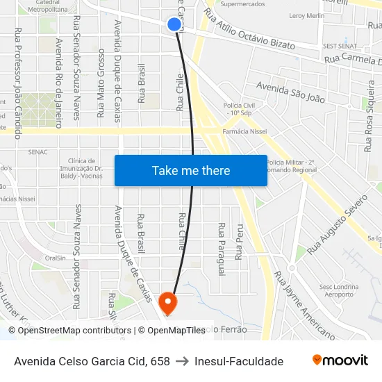 Avenida Celso Garcia Cid, 658 to Inesul-Faculdade map