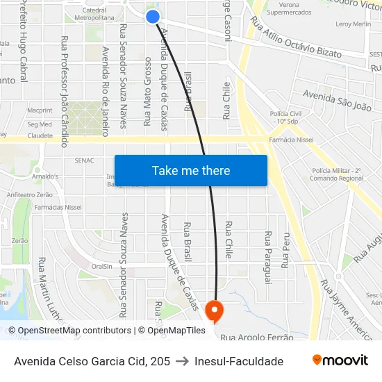 Avenida Celso Garcia Cid, 205 to Inesul-Faculdade map