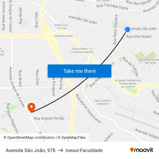 Avenida São João, 978 to Inesul-Faculdade map