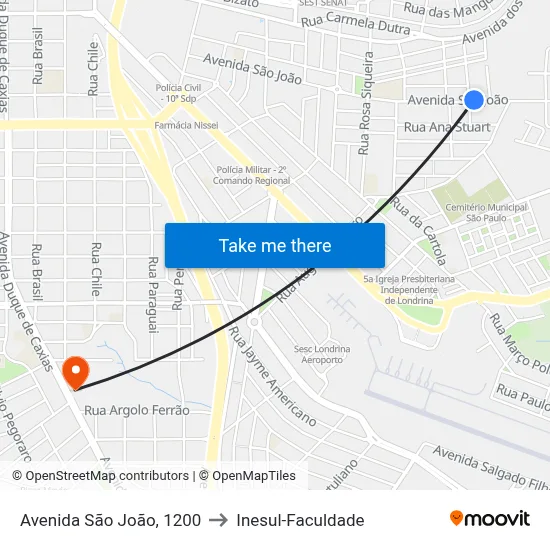 Avenida São João, 1200 to Inesul-Faculdade map