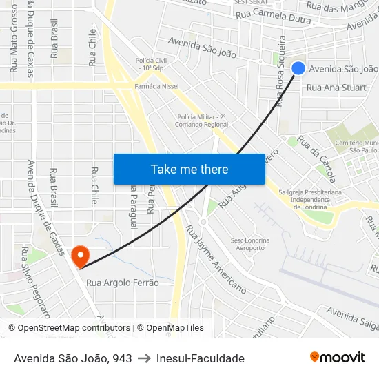 Avenida São João, 943 to Inesul-Faculdade map