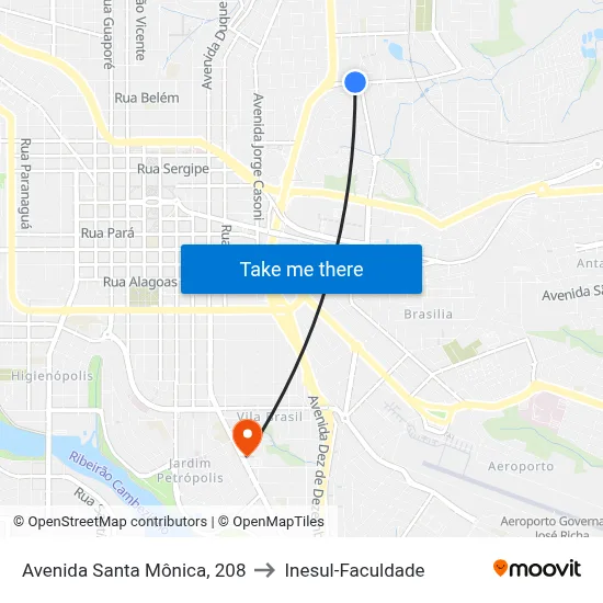 Avenida Santa Mônica, 208 to Inesul-Faculdade map