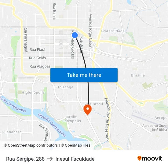 Rua Sergipe, 288 to Inesul-Faculdade map