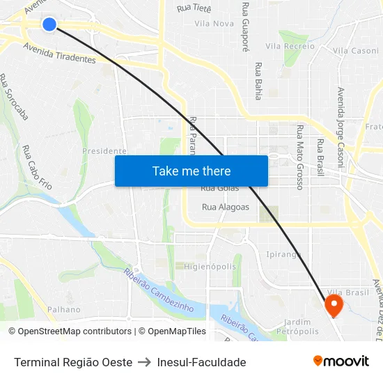 Terminal  Região Oeste to Inesul-Faculdade map