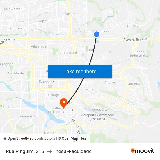 Rua Pinguim, 215 to Inesul-Faculdade map