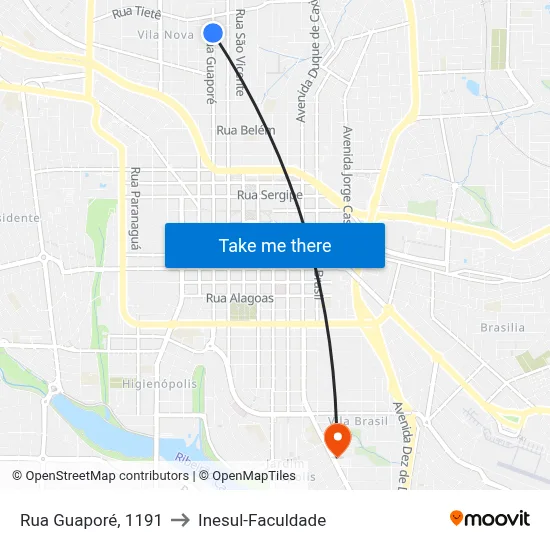 Rua Guaporé, 1191 to Inesul-Faculdade map
