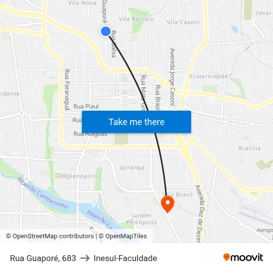 Rua Guaporé, 683 to Inesul-Faculdade map