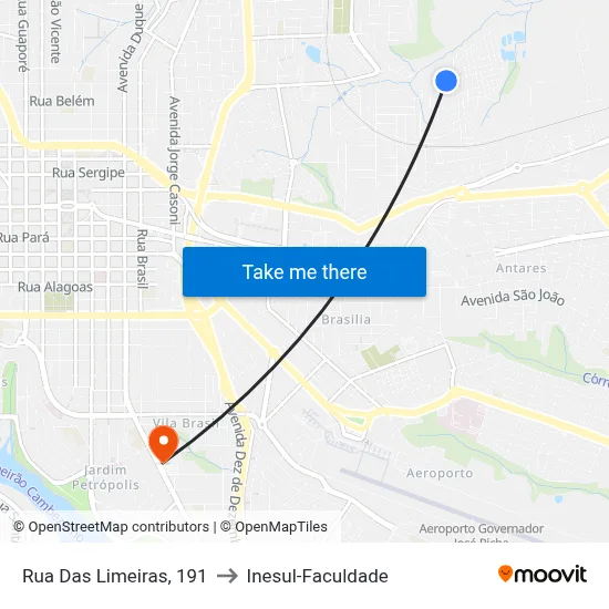 Rua Das Limeiras, 191 to Inesul-Faculdade map