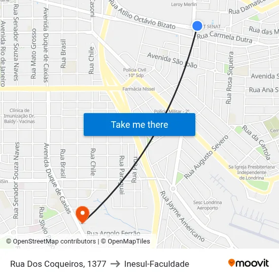 Rua Dos Coqueiros, 1377 to Inesul-Faculdade map