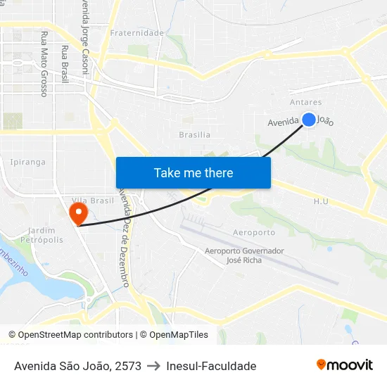 Avenida São João, 2573 to Inesul-Faculdade map