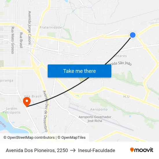 Avenida Dos Pioneiros, 2250 to Inesul-Faculdade map