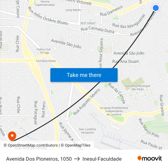 Avenida Dos Pioneiros, 1050 to Inesul-Faculdade map
