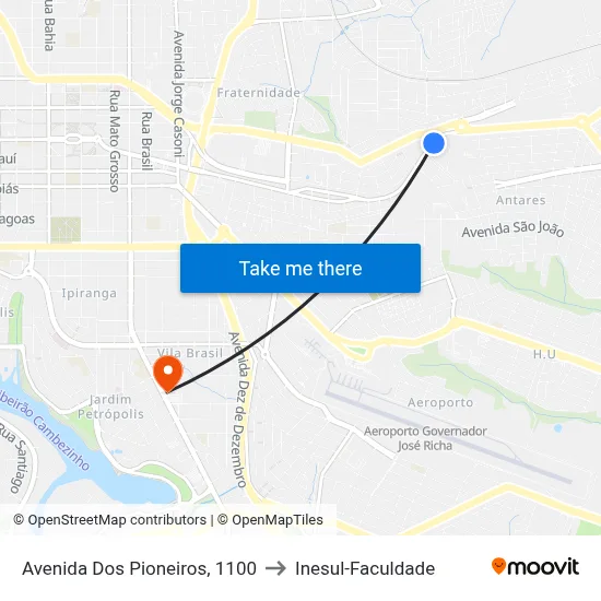 Avenida Dos Pioneiros, 1100 to Inesul-Faculdade map