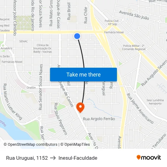 Rua Uruguai, 1152 to Inesul-Faculdade map