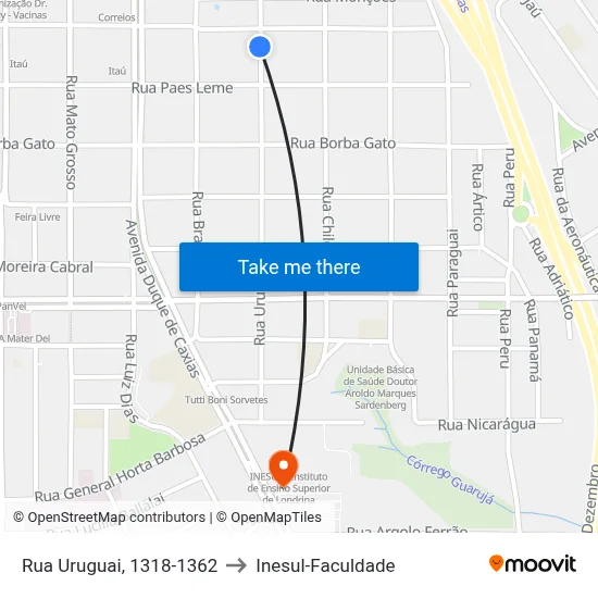 Rua Uruguai, 1318-1362 to Inesul-Faculdade map