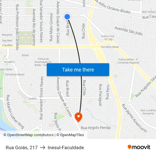 Rua Goiás, 217 to Inesul-Faculdade map