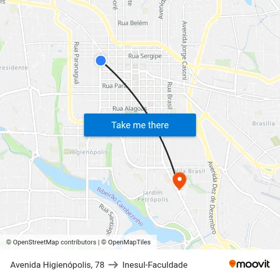 Avenida Higienópolis, 78 to Inesul-Faculdade map