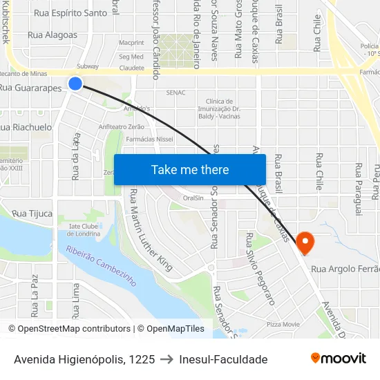 Avenida Higienópolis, 1225 to Inesul-Faculdade map