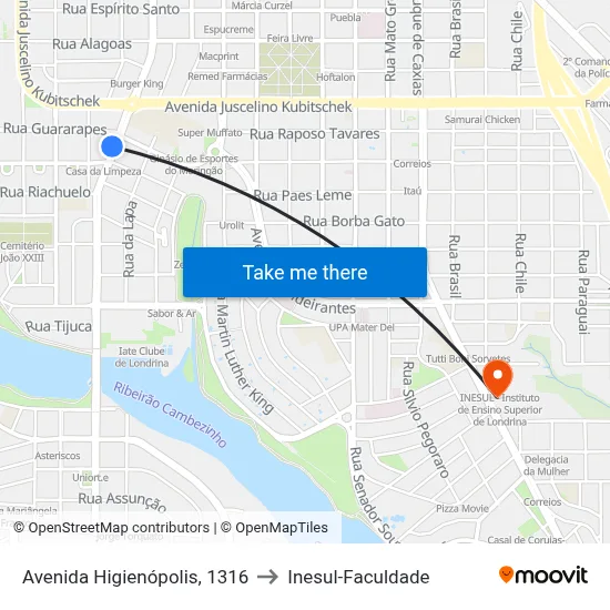 Avenida Higienópolis, 1316 to Inesul-Faculdade map