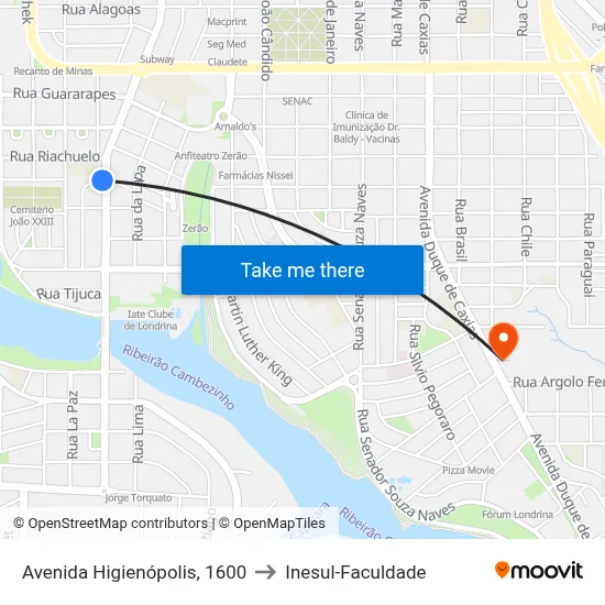 Avenida Higienópolis, 1600 to Inesul-Faculdade map