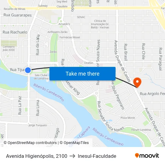 Avenida Higienópolis, 2100 to Inesul-Faculdade map