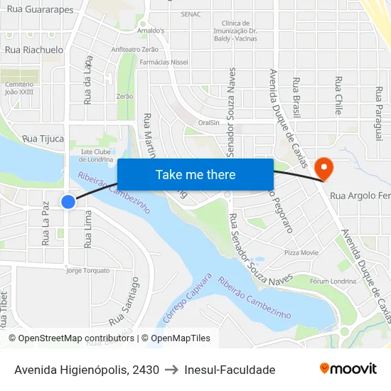 Avenida Higienópolis, 2430 to Inesul-Faculdade map
