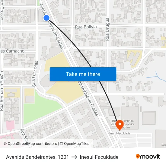 Avenida Bandeirantes, 1201 to Inesul-Faculdade map