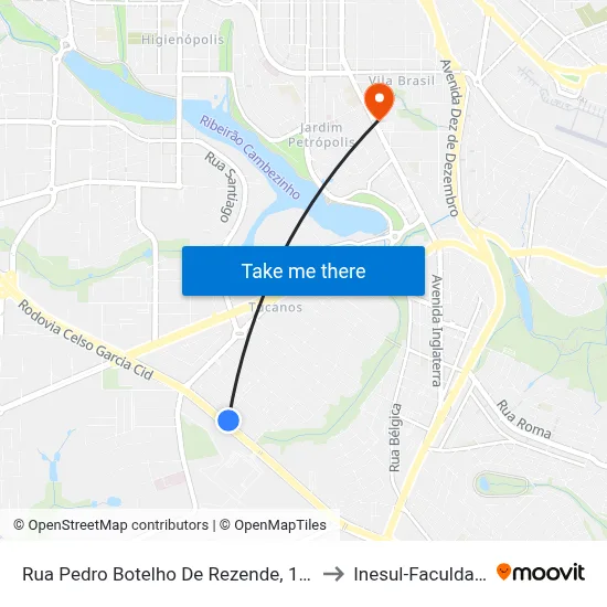 Rua Pedro Botelho De Rezende, 1160 to Inesul-Faculdade map