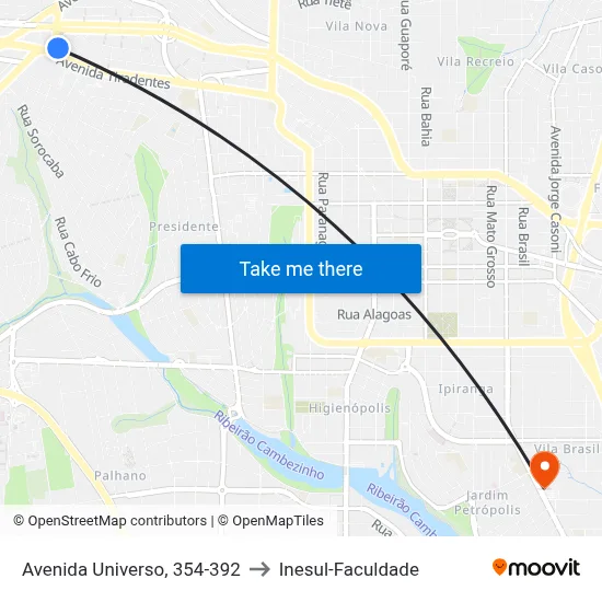 Avenida Universo, 354-392 to Inesul-Faculdade map