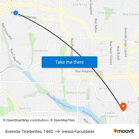 Avenida Tiradentes, 1460 to Inesul-Faculdade map