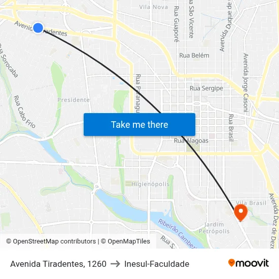 Avenida Tiradentes, 1260 to Inesul-Faculdade map