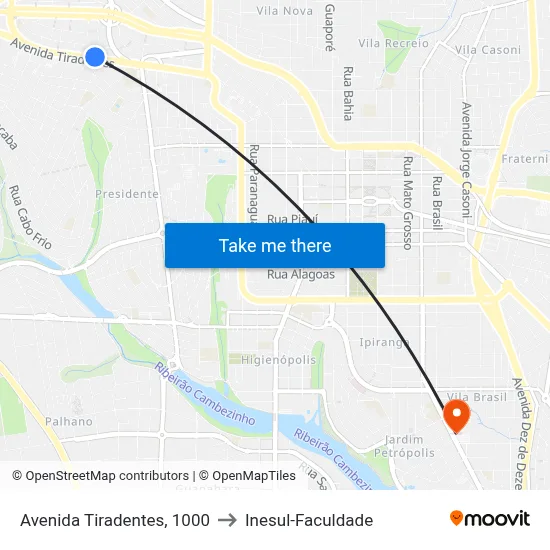 Avenida Tiradentes, 1000 to Inesul-Faculdade map