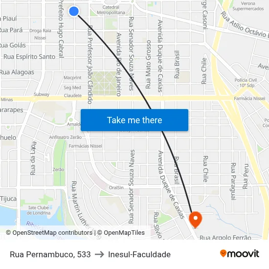 Rua Pernambuco, 533 to Inesul-Faculdade map