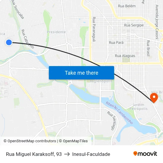 Rua Miguel Karaksoff, 93 to Inesul-Faculdade map