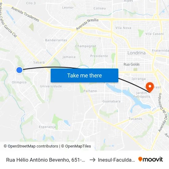 Rua Hélio Antônio Bevenho, 651-661 to Inesul-Faculdade map