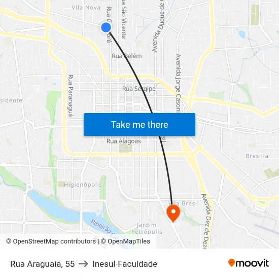 Rua Araguaia, 55 to Inesul-Faculdade map