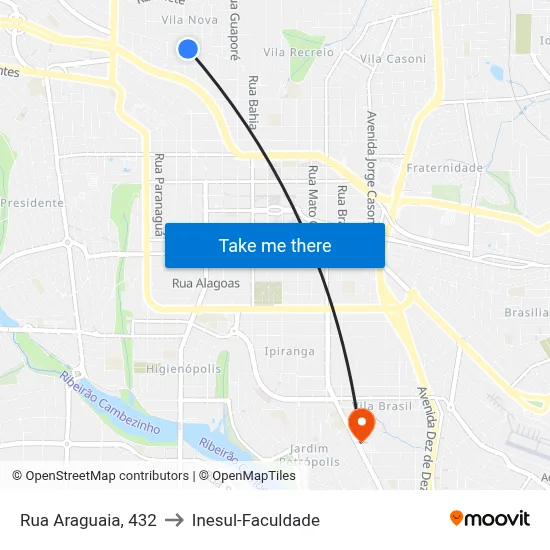 Rua Araguaia, 432 to Inesul-Faculdade map
