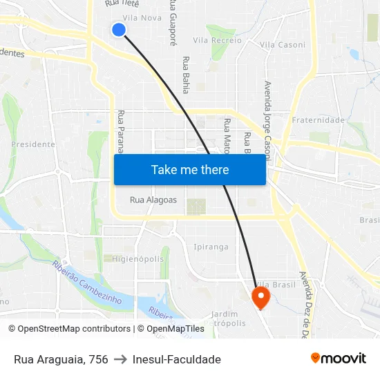 Rua Araguaia, 756 to Inesul-Faculdade map