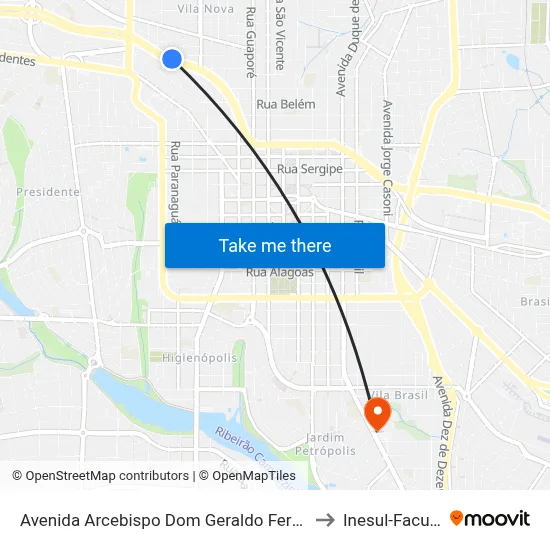 Avenida Arcebispo Dom Geraldo Fernandes, 2710 to Inesul-Faculdade map