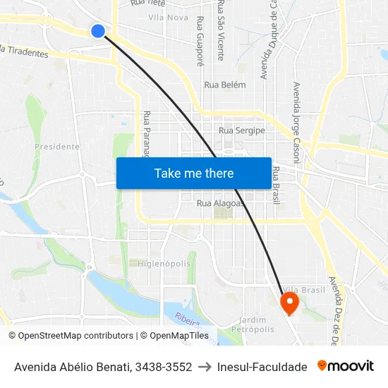 Avenida Abélio Benati, 3438-3552 to Inesul-Faculdade map