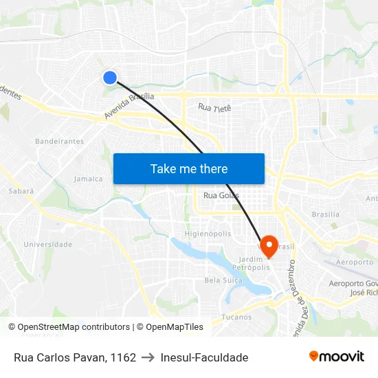 Rua Carlos Pavan, 1162 to Inesul-Faculdade map