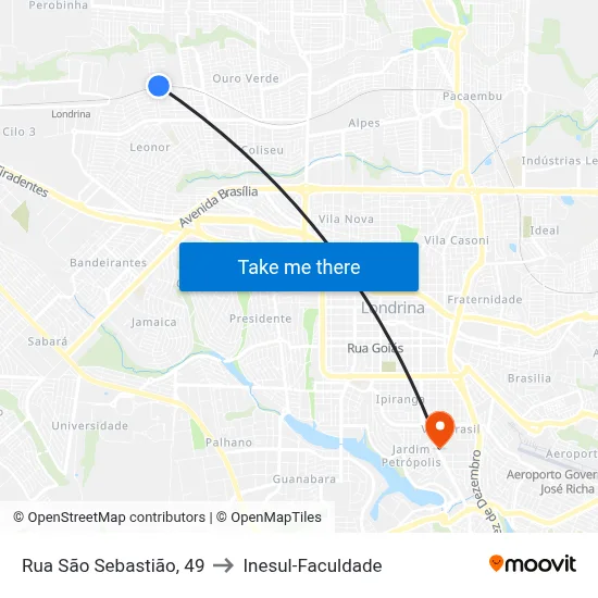Rua São Sebastião, 49 to Inesul-Faculdade map