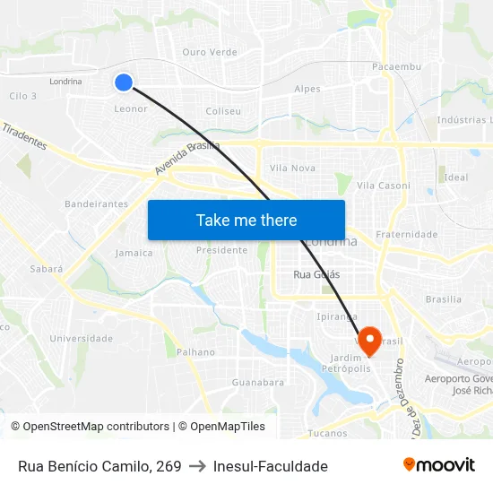 Rua Benício Camilo, 269 to Inesul-Faculdade map