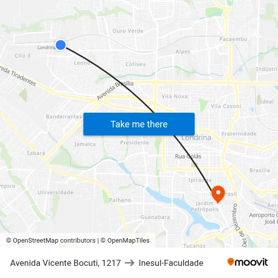 Avenida Vicente Bocuti, 1217 to Inesul-Faculdade map