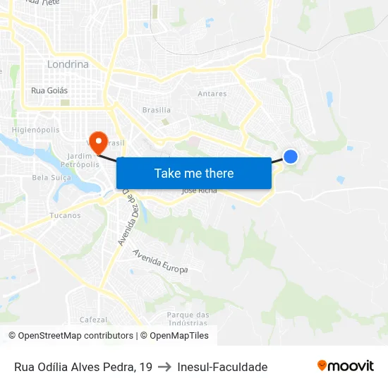 Rua Odília Alves Pedra, 19 to Inesul-Faculdade map