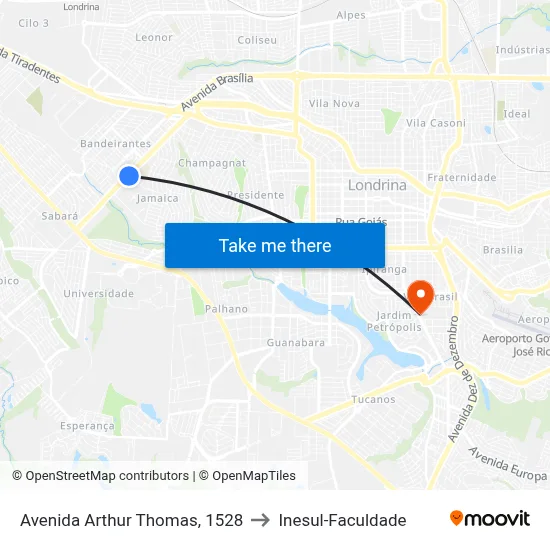 Avenida Arthur Thomas, 1528 to Inesul-Faculdade map