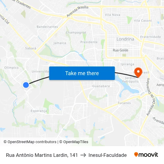 Rua Antônio Martins Lardin, 141 to Inesul-Faculdade map