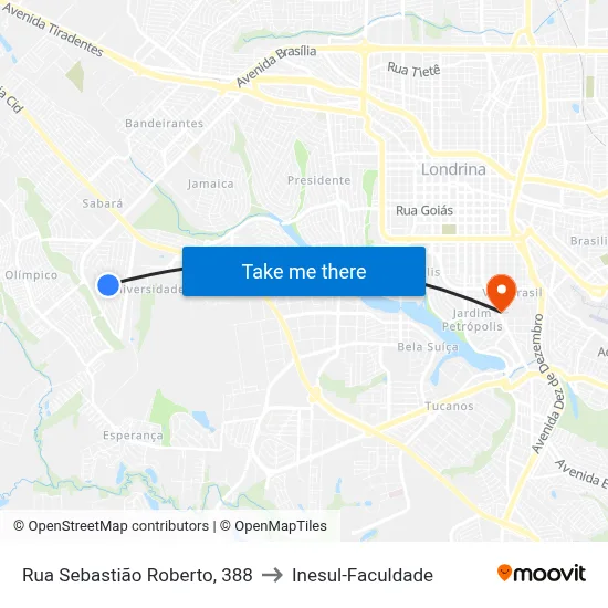 Rua Sebastião Roberto, 388 to Inesul-Faculdade map