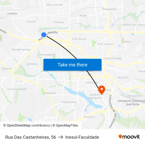 Rua Das Castanheiras, 56 to Inesul-Faculdade map