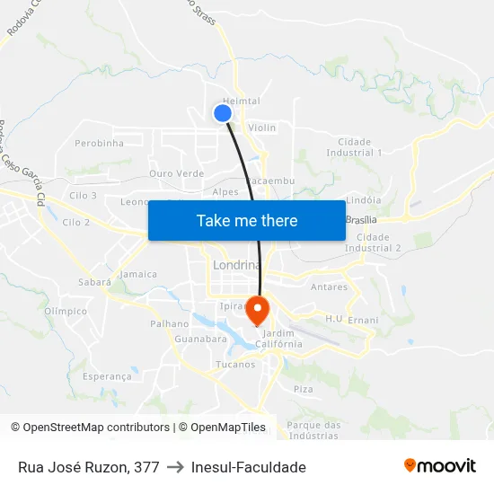 Rua José Ruzon, 377 to Inesul-Faculdade map